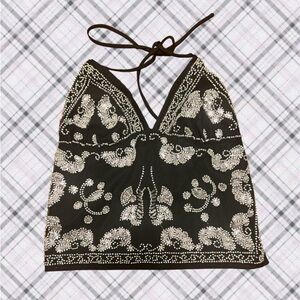Black and Silver Halter Beaded Sequin Tank Top with Back Ties